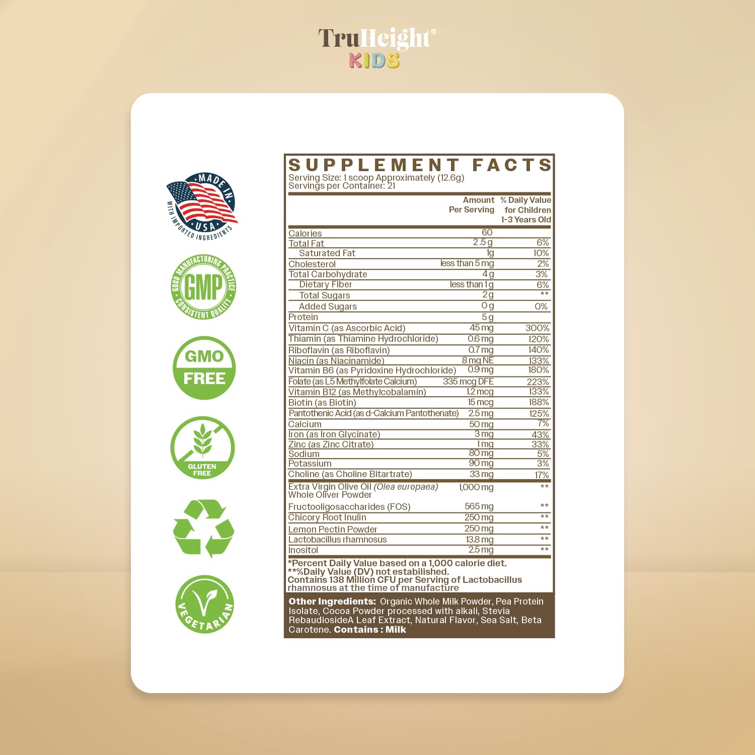 TruHeight chocolate formula ingredients panel highlighting vitamins and minerals for toddlers