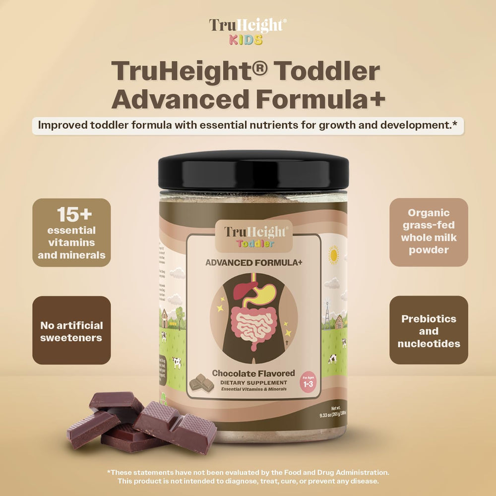 TruHeight Toddler Advanced Formula+ chocolate bottle pour showing easy mixing for quick meals