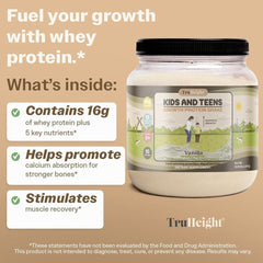 TruHeight whey protein shake with a child scooping a serving