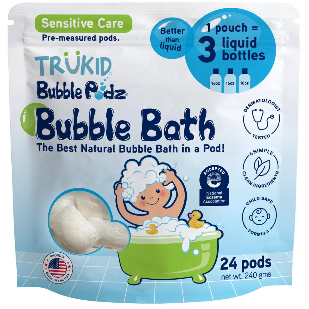 TruKid Bubble Podz creates rich, gentle bubbles for kids’ bath time.