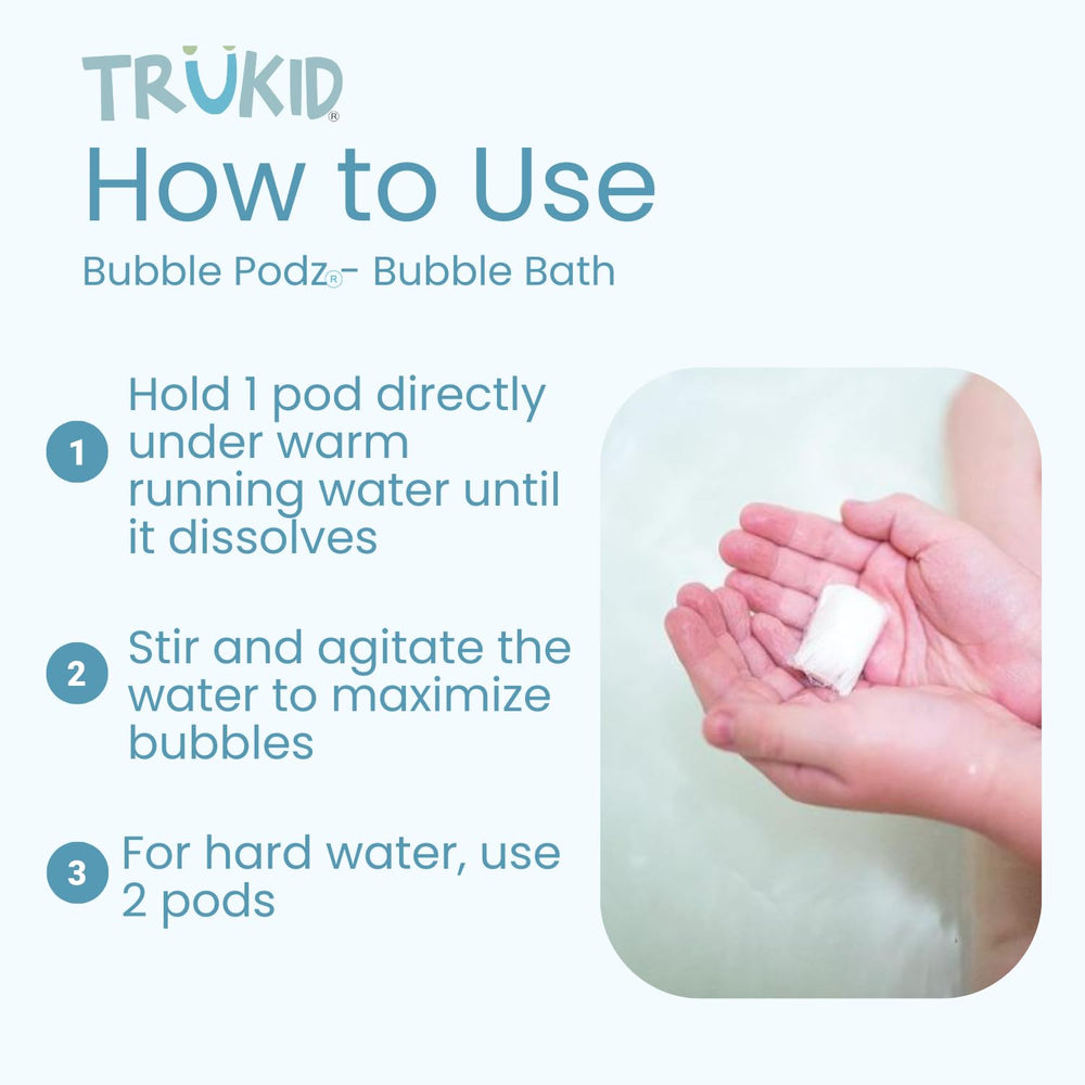 TruKid Bubble Podz foam-lather blankets the tub with playful bubbles.