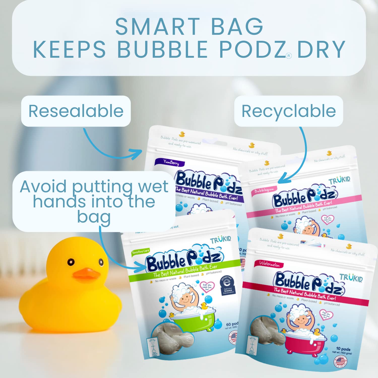 TruKid Bubble Podz fragrance-free bath protects sensitive skin.