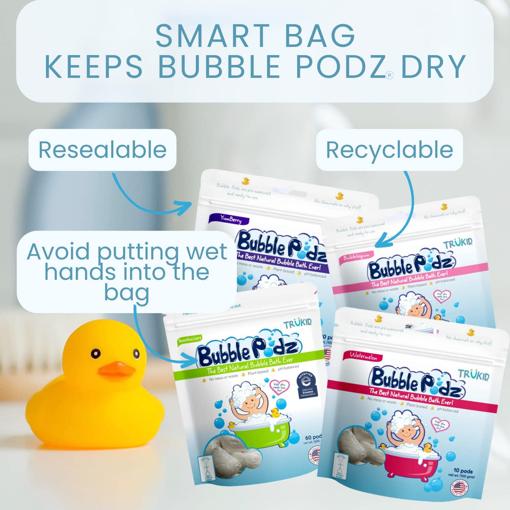 TruKid Bubble Podz fragrance-free bath protects sensitive skin.