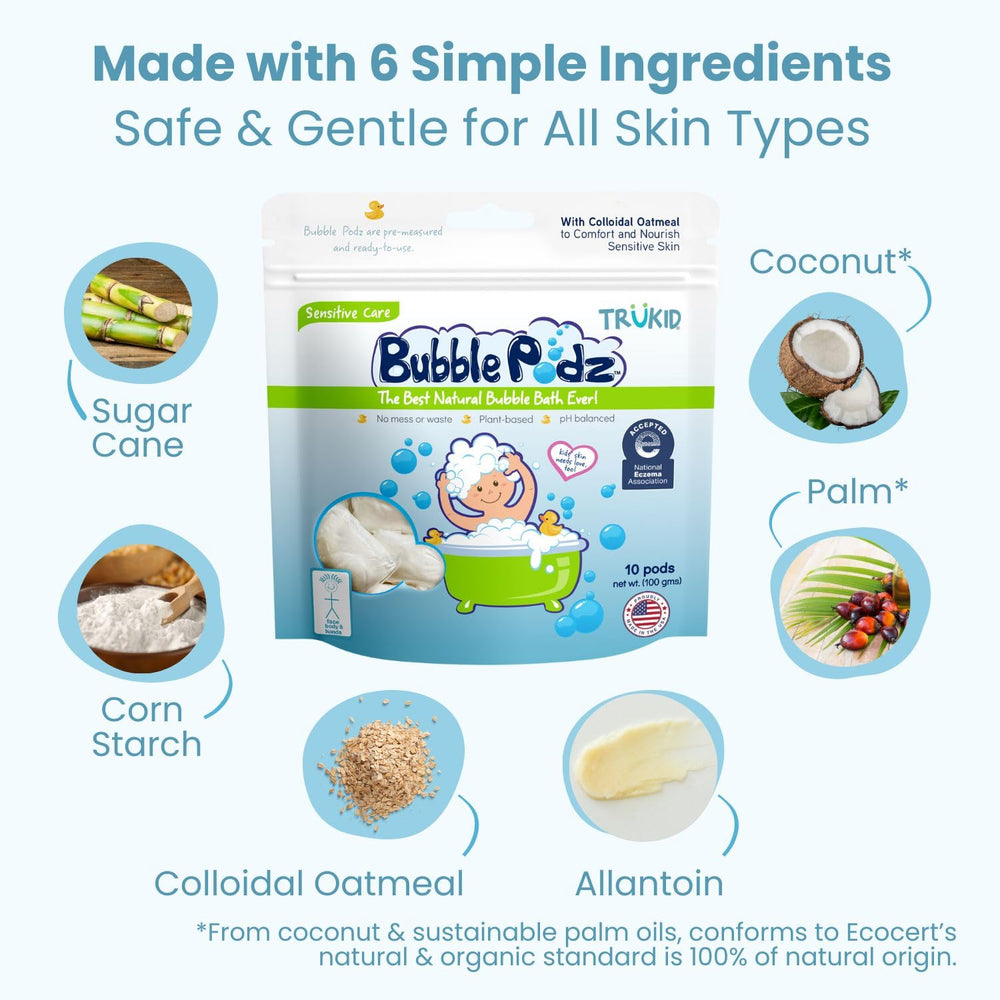 TruKid Bubble Podz tear-free formula keeps bath time calm.