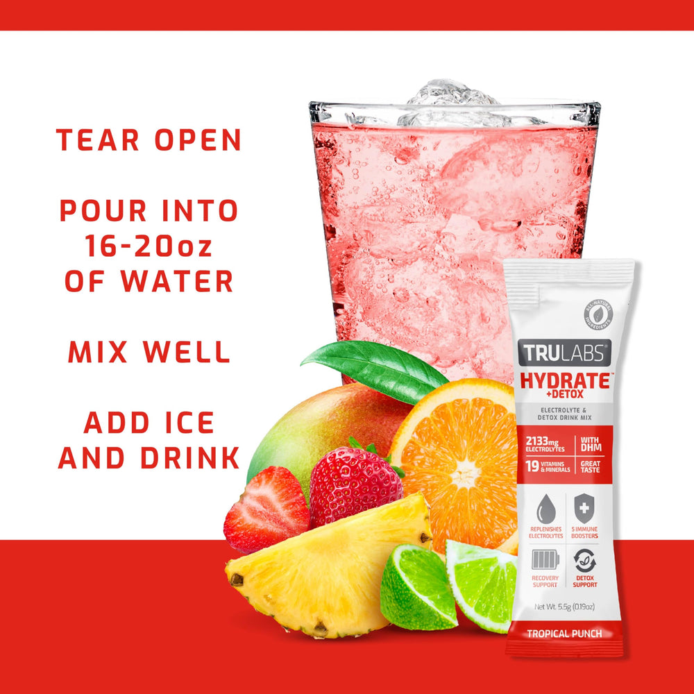 On-the-go TRULABS Hydrate + Detox Tropical Punch packets ready for travel