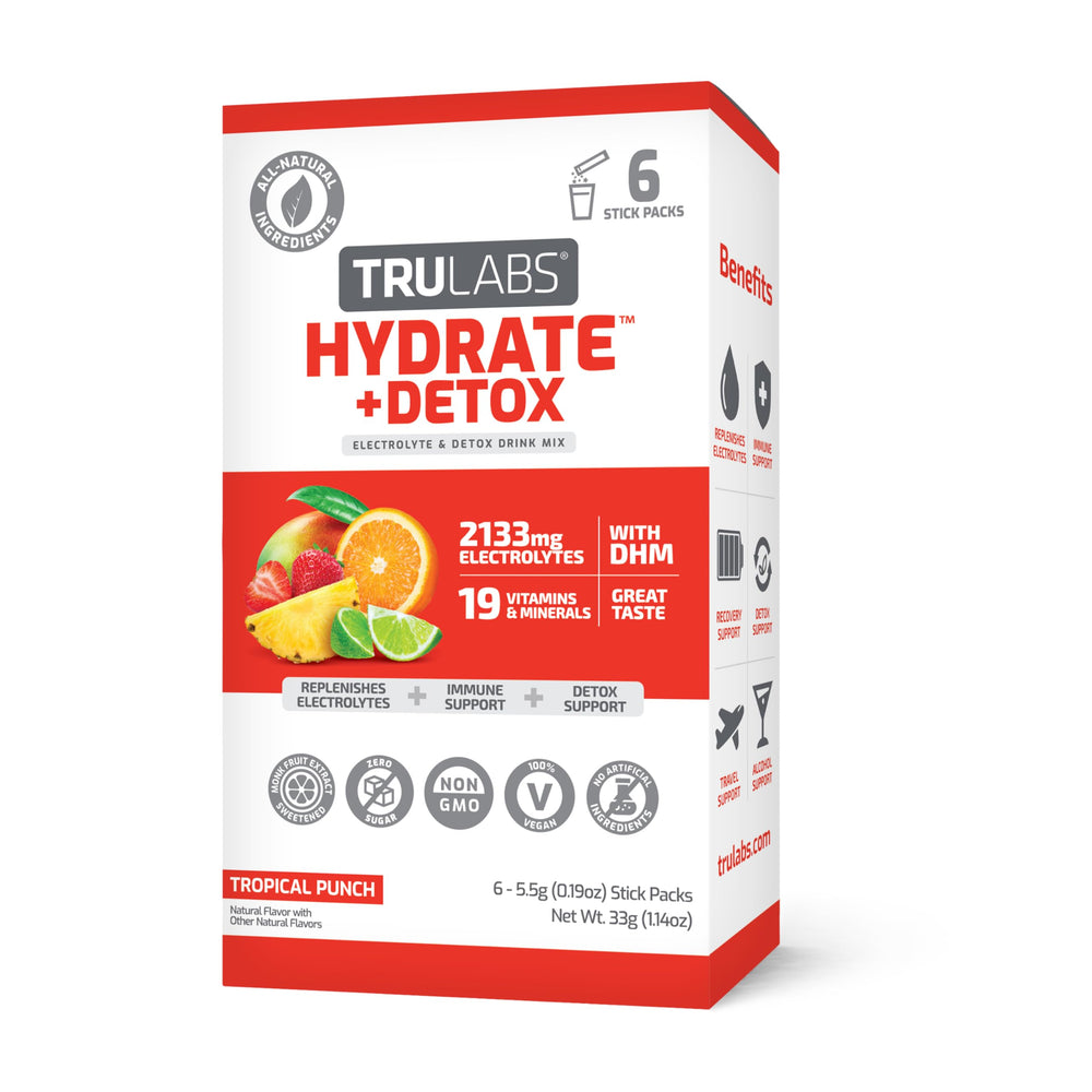 TRULABS Hydrate + Detox Tropical Punch packaging highlights sugar-free hydration for on-the-go consumers