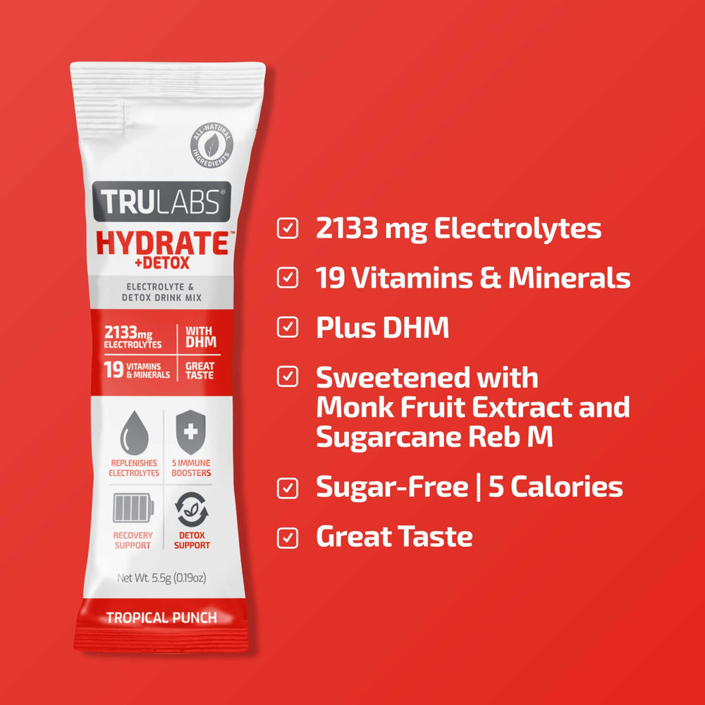Powder dissolving in water showing quick hydration with TRULABS Hydrate + Detox Tropical Punch