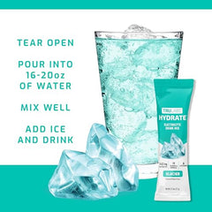 TRULABS Hydrate Glacier shows 1422 mg electrolytes per serving in chart.
