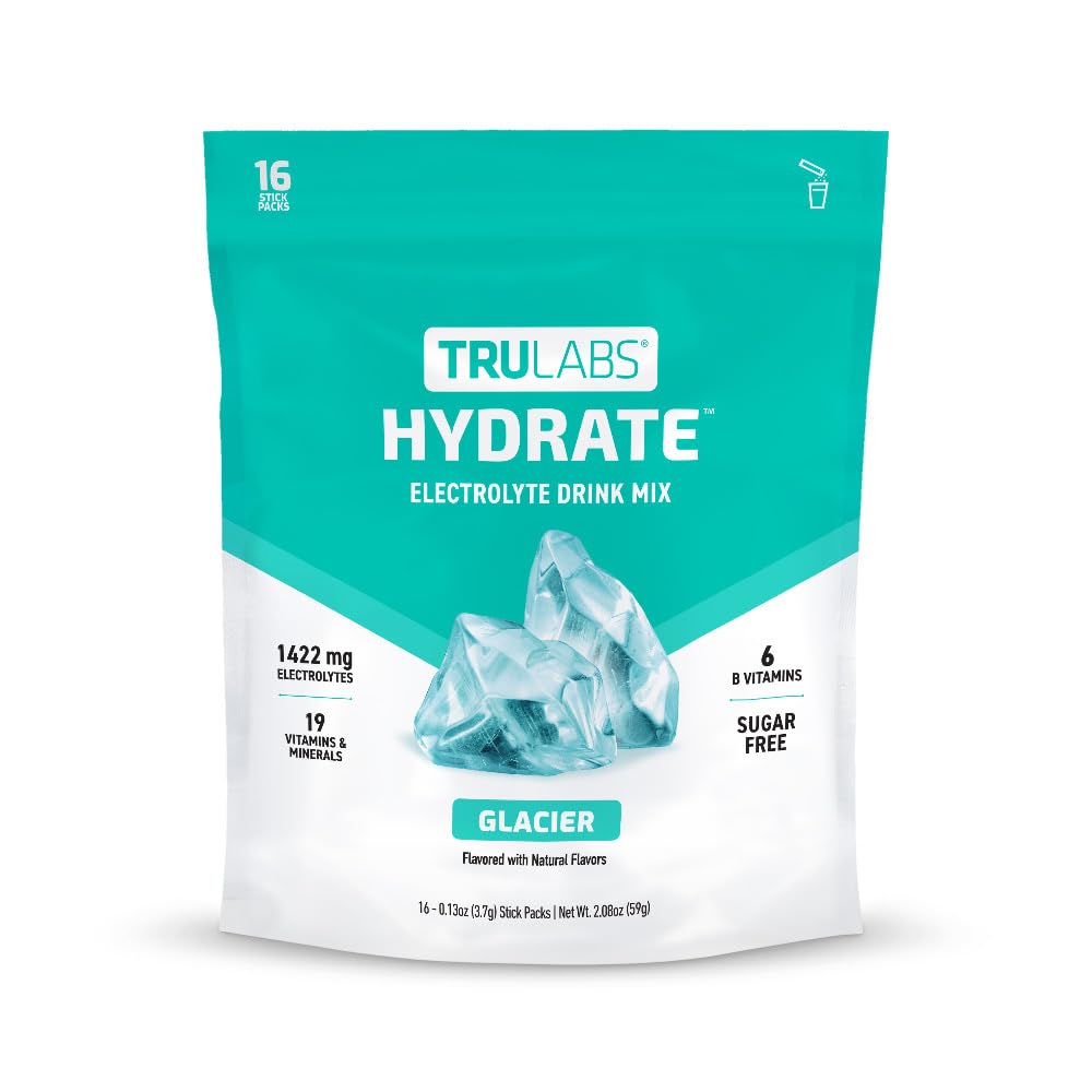 TRULABS Hydrate Glacier packet close-up highlighting sugar-free electrolytes for on-the-go hydration.