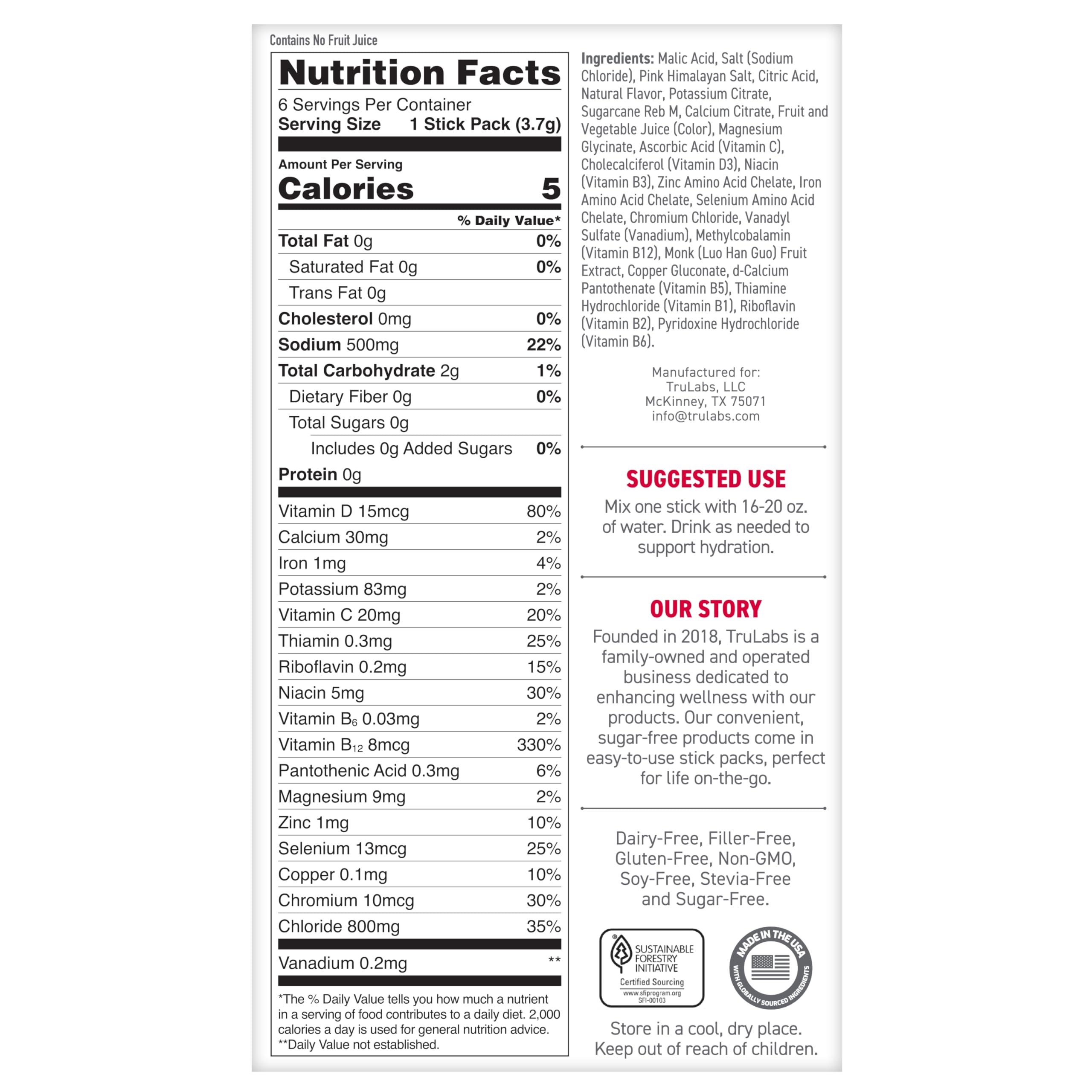 Made in USA label on TRULABS Hydrate packaging