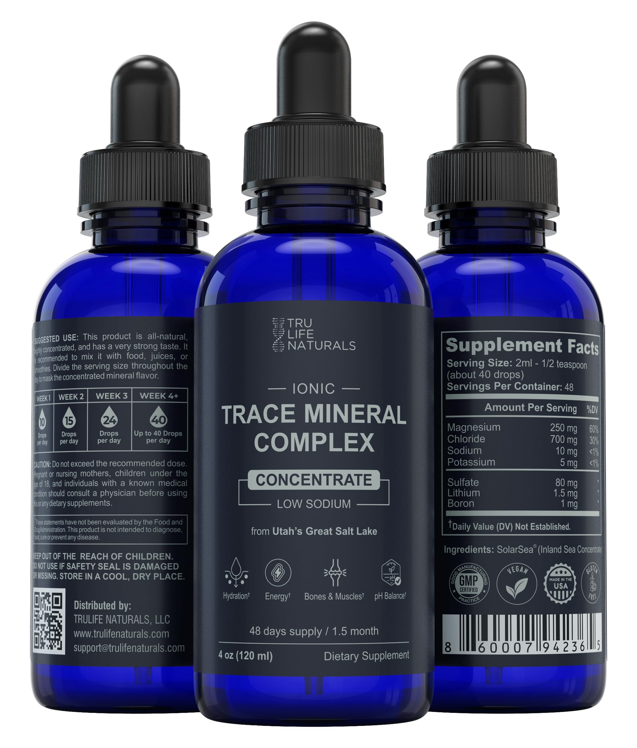 TRULIFE NATURALS Trace Mineral Complex bottle on kitchen counter highlighting hydration potential.