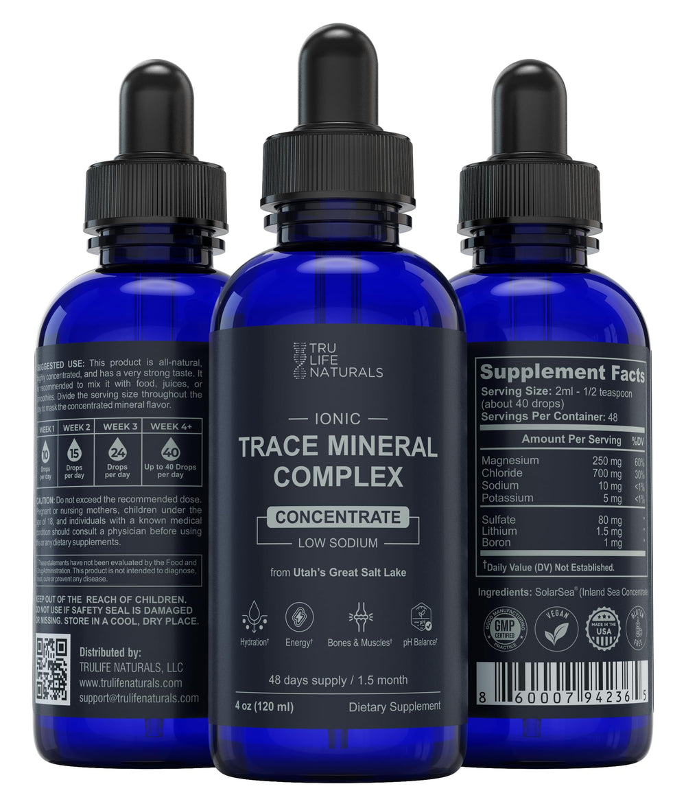 TRULIFE NATURALS Trace Mineral Complex bottle on kitchen counter highlighting hydration potential.