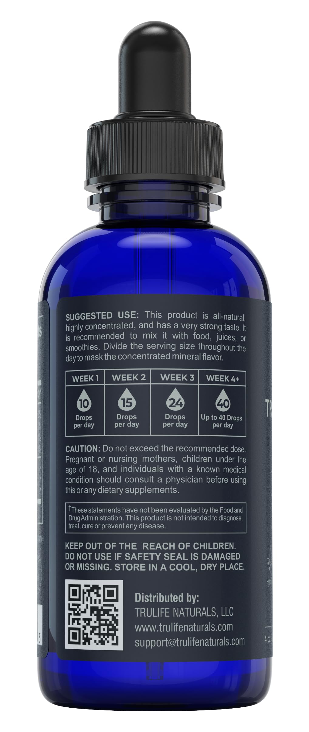 Close-up of the TRULIFE NATURALS minerals bottle emphasizing 72+ trace minerals.