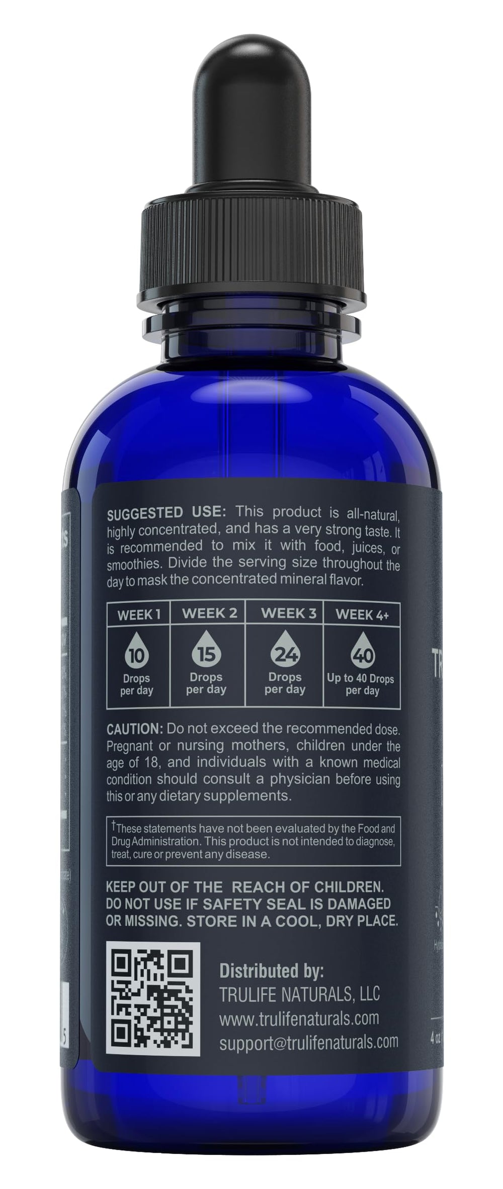 Close-up of the TRULIFE NATURALS minerals bottle emphasizing 72+ trace minerals.