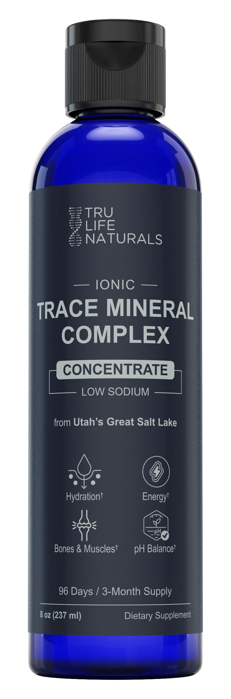 TRULIFE NATURALS Trace Mineral Complex bottle showing 72+ minerals for daily hydration support