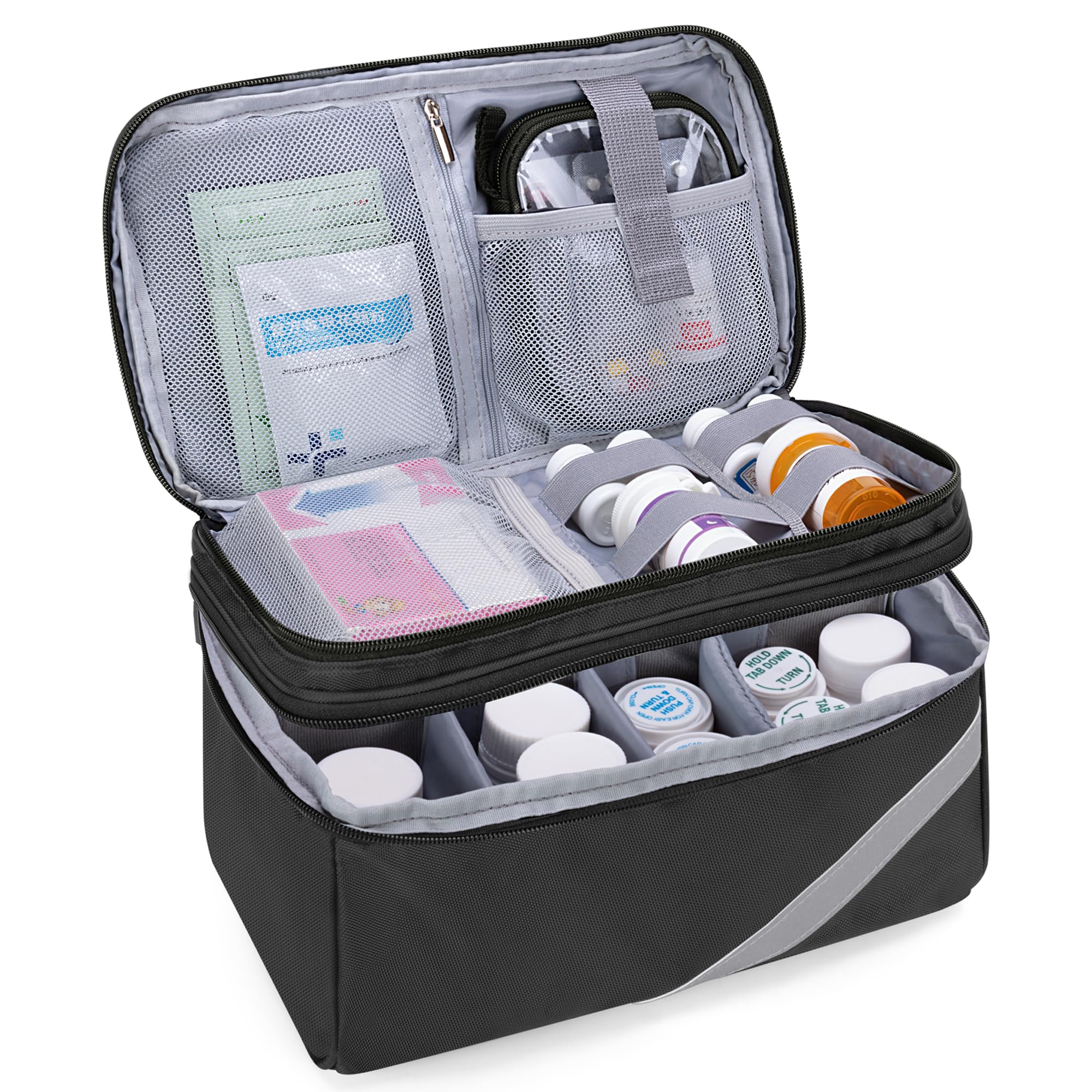 Trunab medicine storage bag showing adjustable compartments for organized pills.