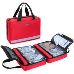 Trunab trauma bag front view in red, easily accessible for home or car.