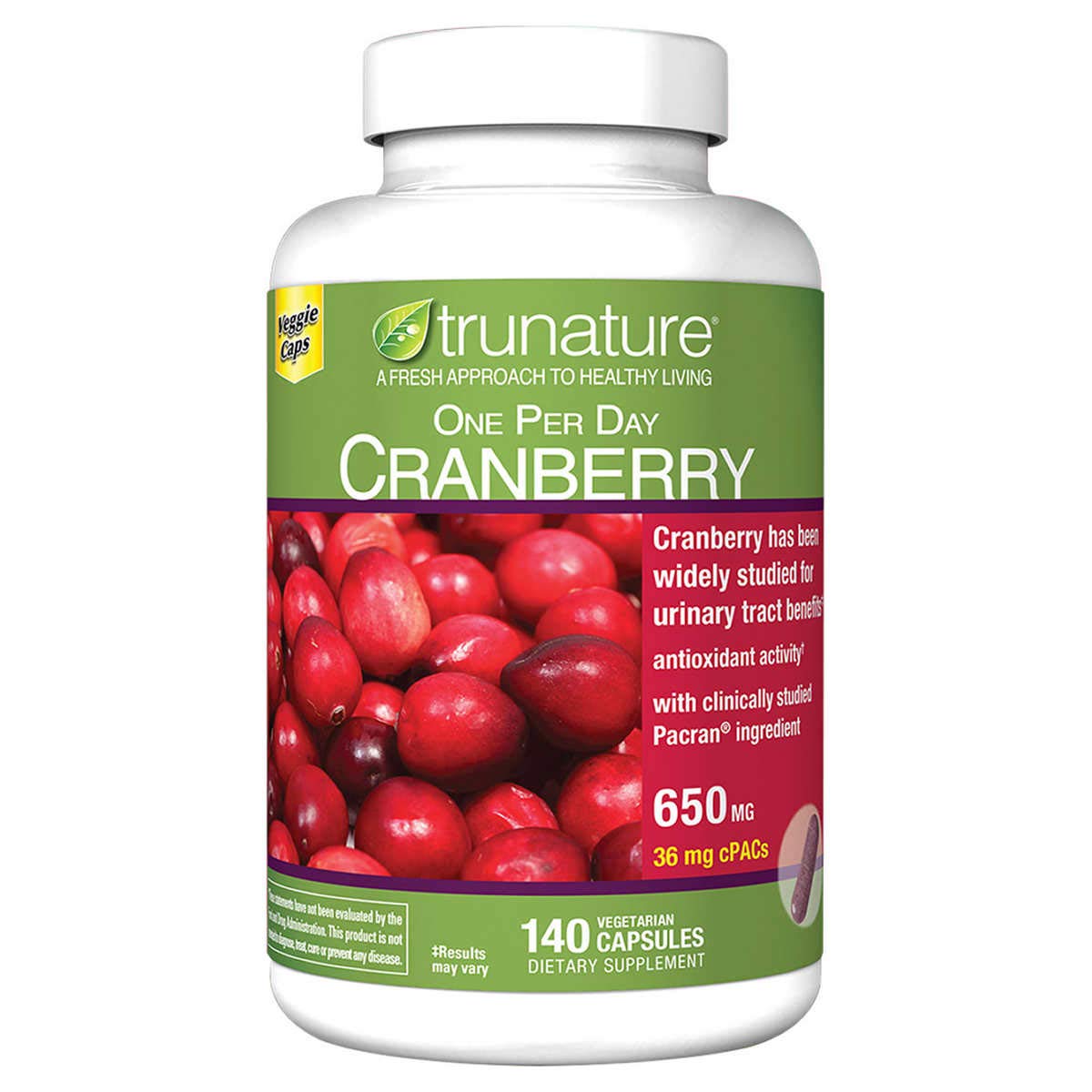 TruNature Cranberry 650 mg two-pack bottle, convenient daily capsules for antioxidant support.