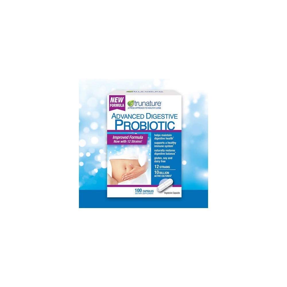 TruNature Digestive Probiotic capsules bottle promotes digestive balance.