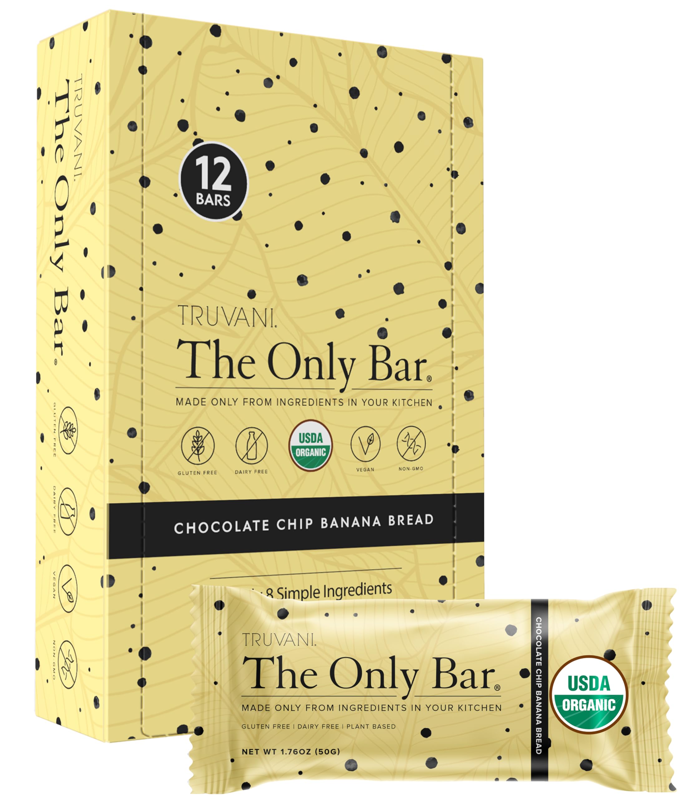 Truvani bar chocolate chip banana bread 12-pack, protein-rich snack for on-the-go energizing moments