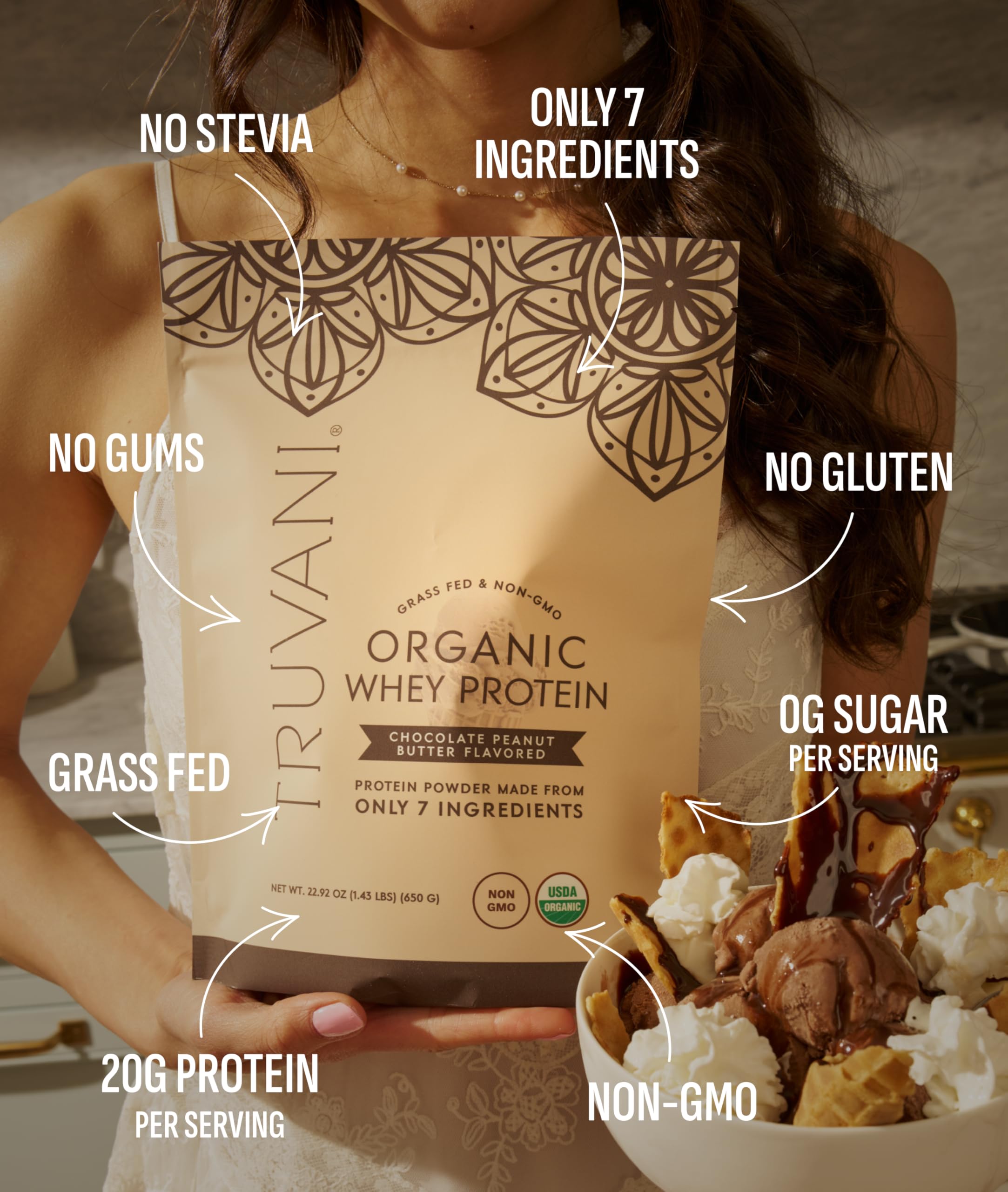 Chocolate peanut butter shake using Truvani whey highlighting smooth texture
