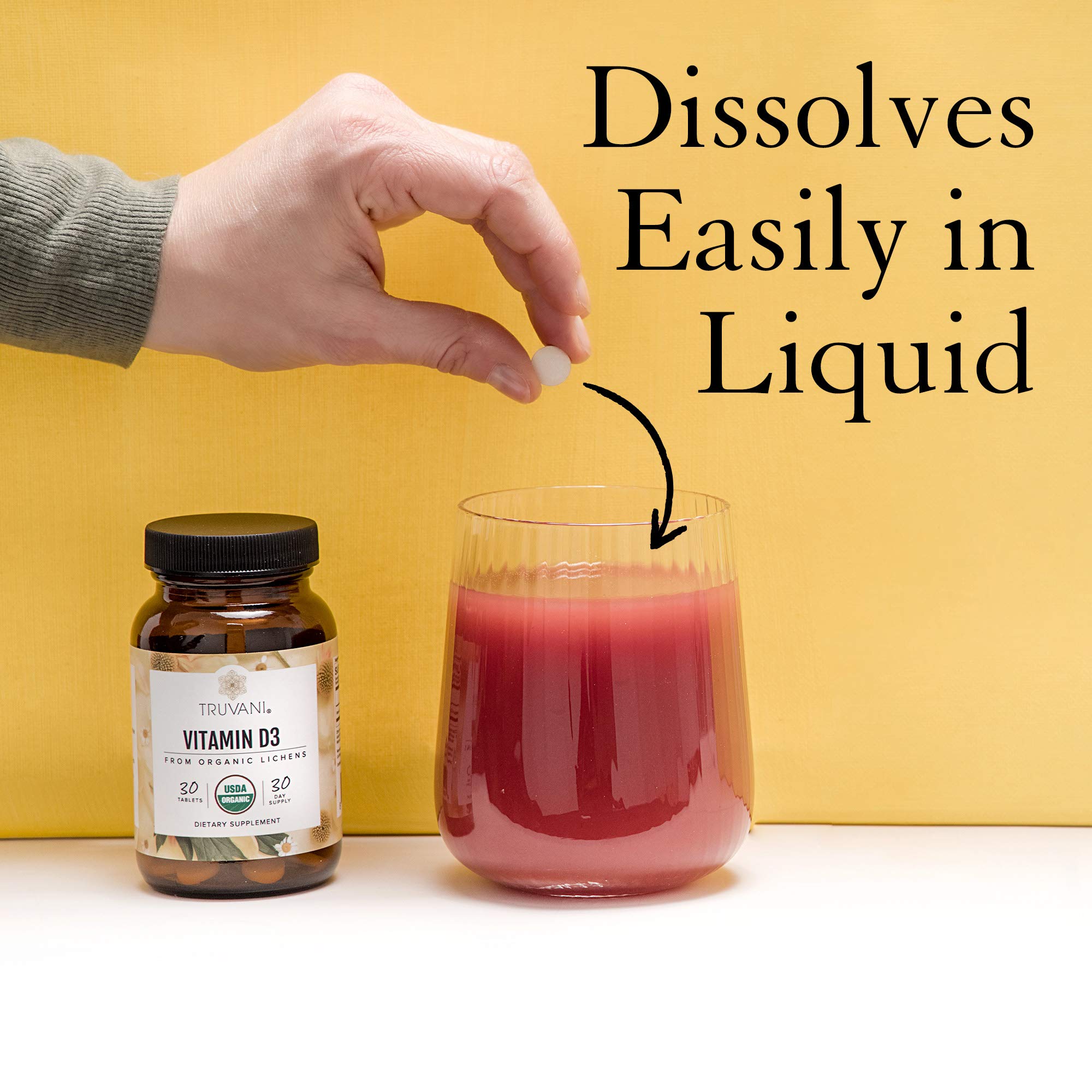 Truvani D3 plant-based formula dissolves easily in beverages.