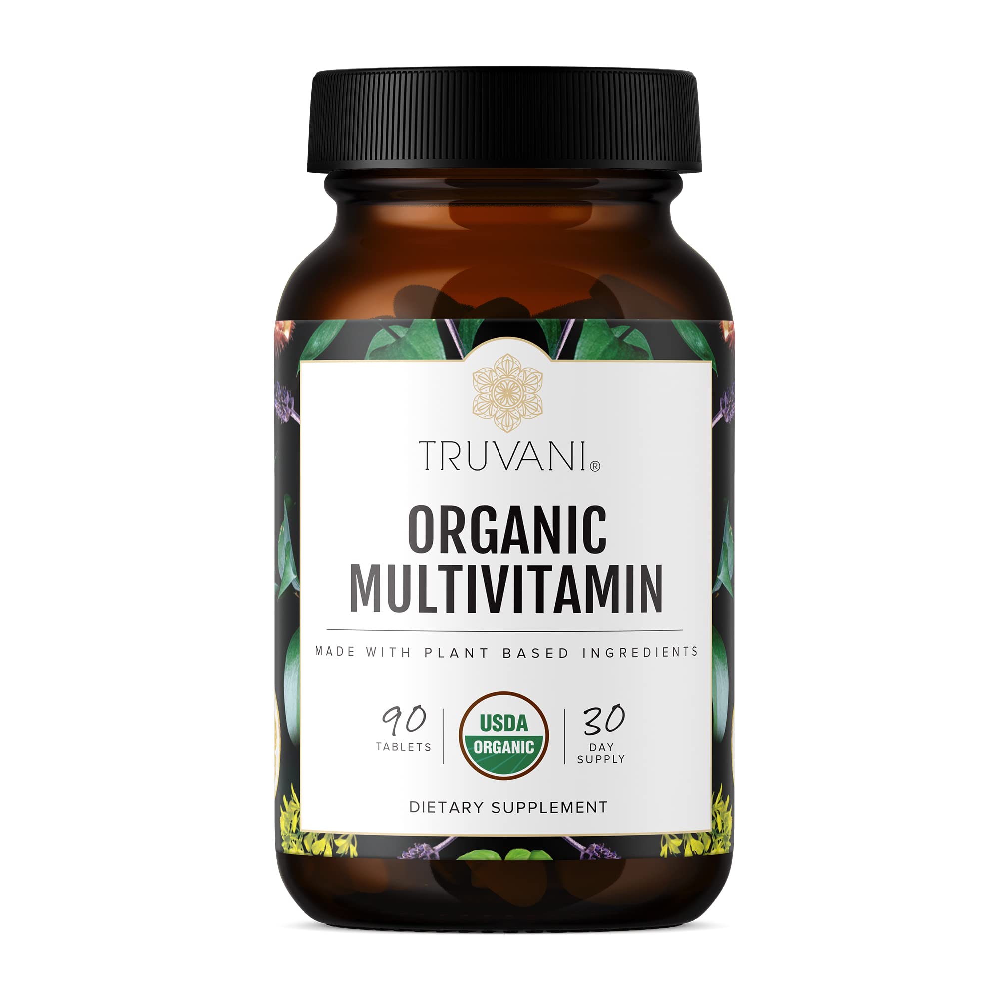 Truvani Daily Organic Multivitamin bottle with vegan, non-GMO tablets for daily wellness.