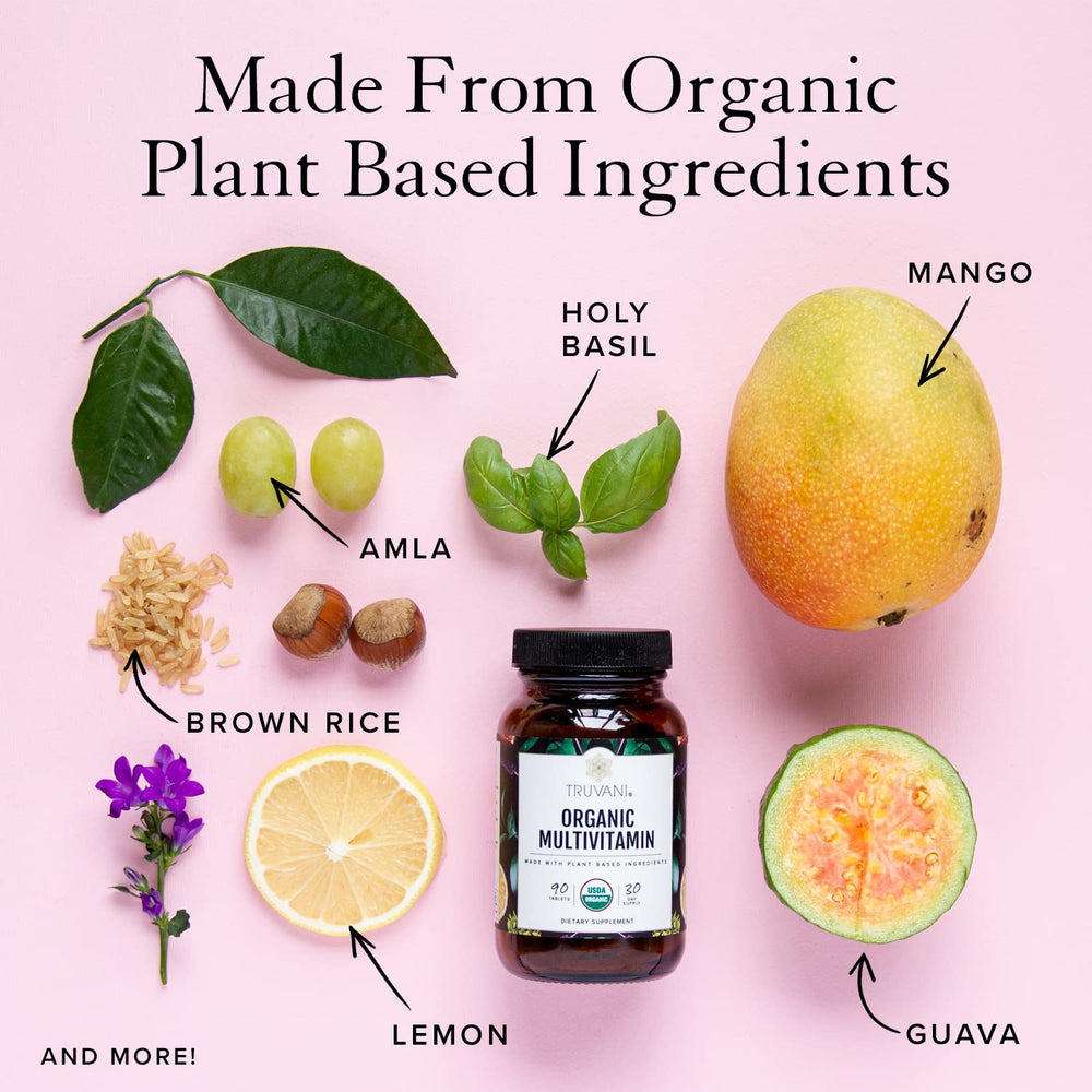 USDA Organic label and vegan-friendly claim on the Truvani multivitamin bottle.