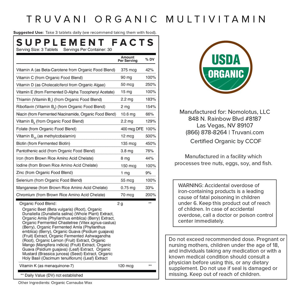Packaging shows 90 tablets for a 30-day supply of Truvani multivitamins.