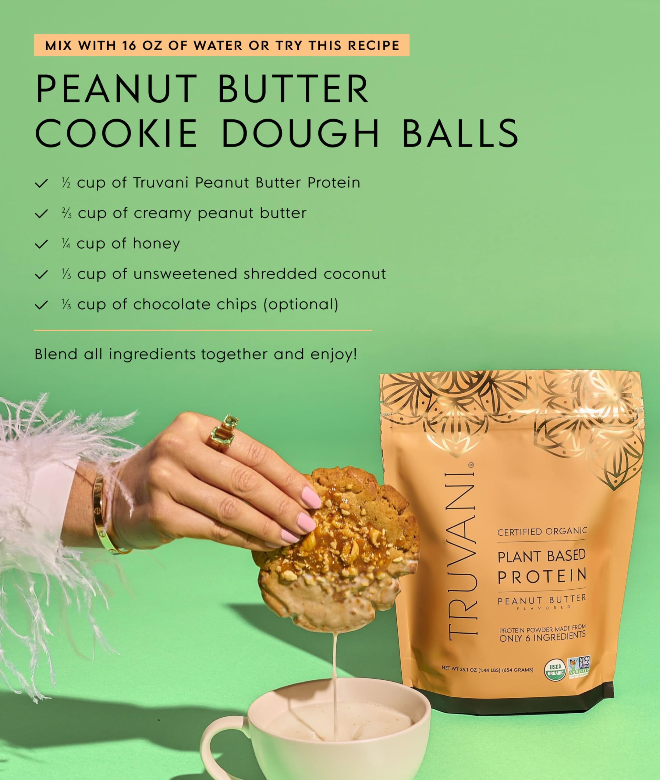 Truvani dairy-free protein mix in blender for versatile vegan recipes.