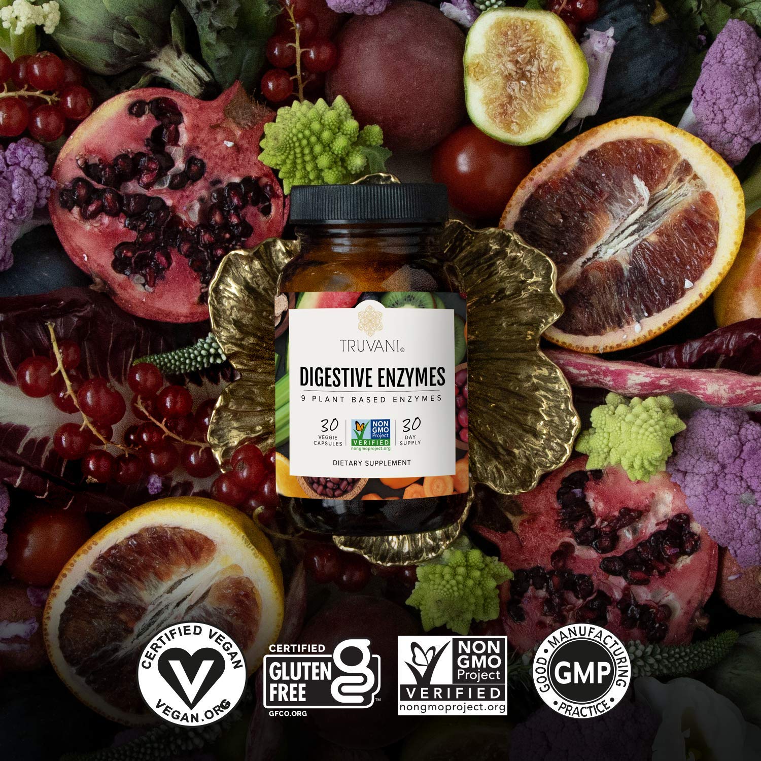 Truvani Digestive Enzymes capsules poured into a hand for daily use