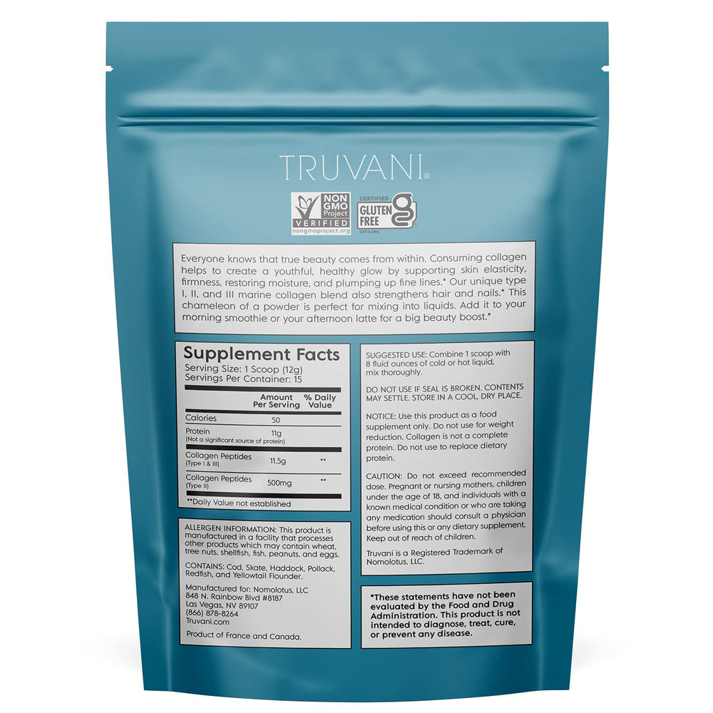 Truvani hydrolyzed collagen powder being poured for quick, seamless mixing