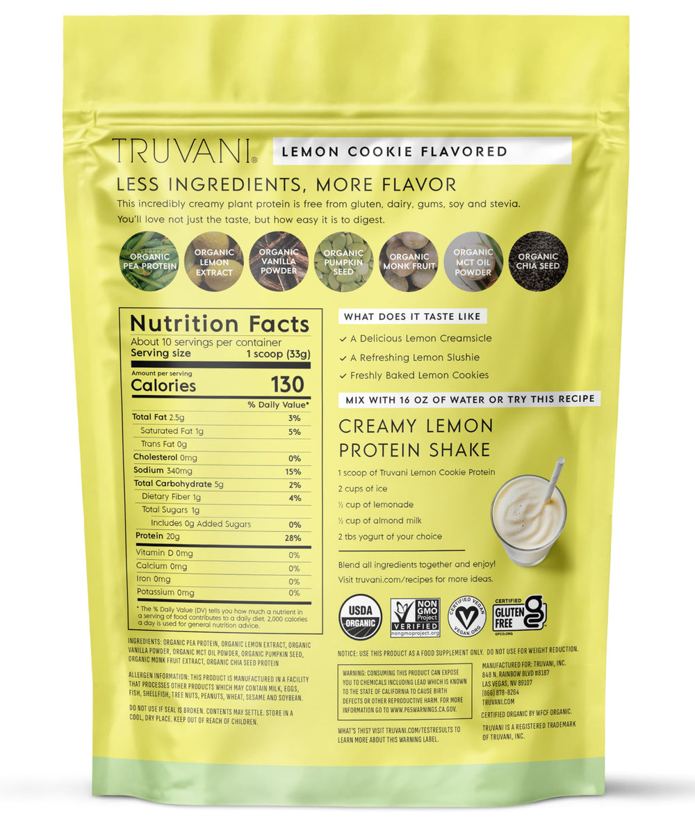 Truvani Protein powder ingredient list lists pea pumpkin chia as primary sources