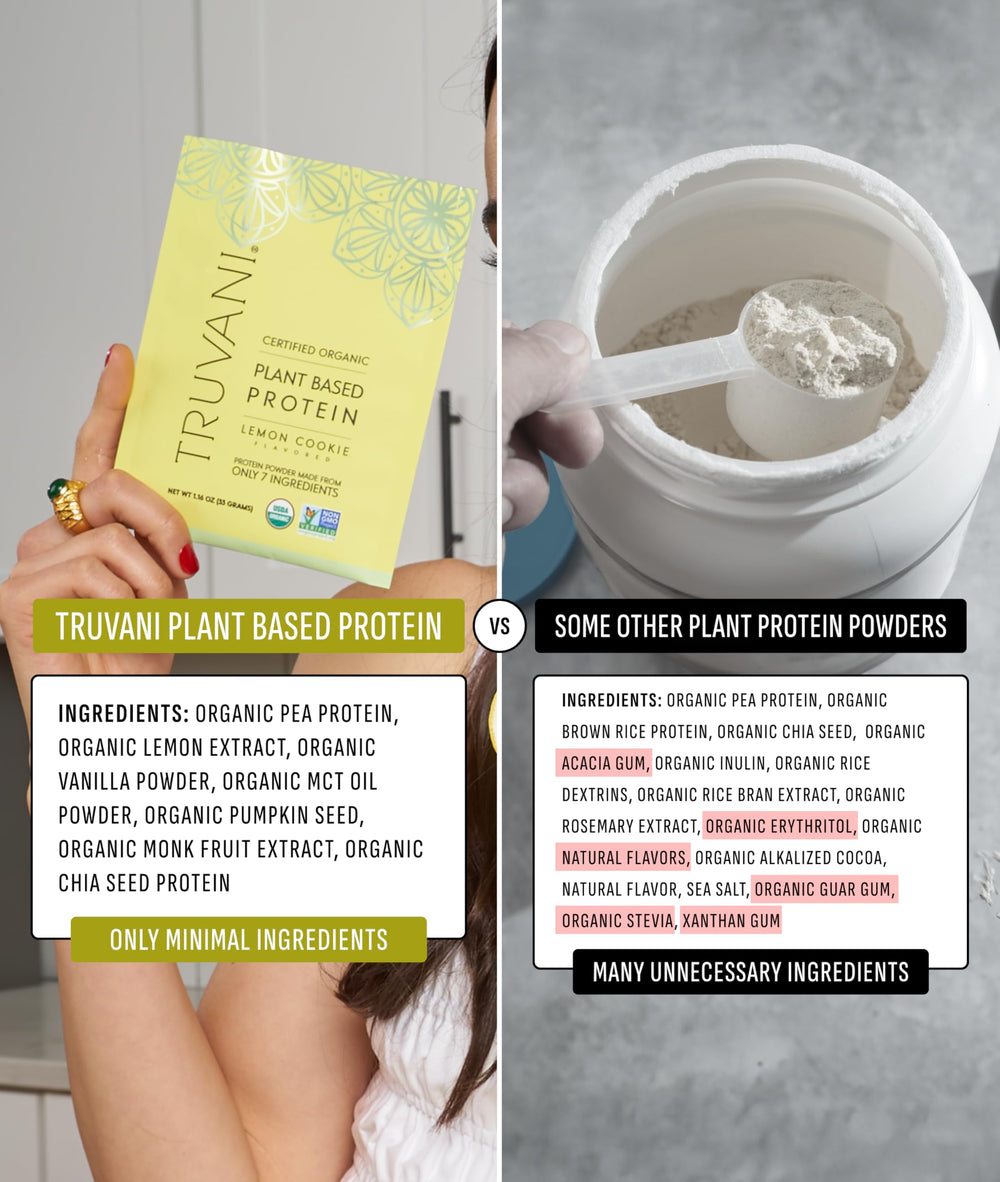 Truvani Lemon Cookie protein shake glass demonstrates smooth, flavorful plant-based protein