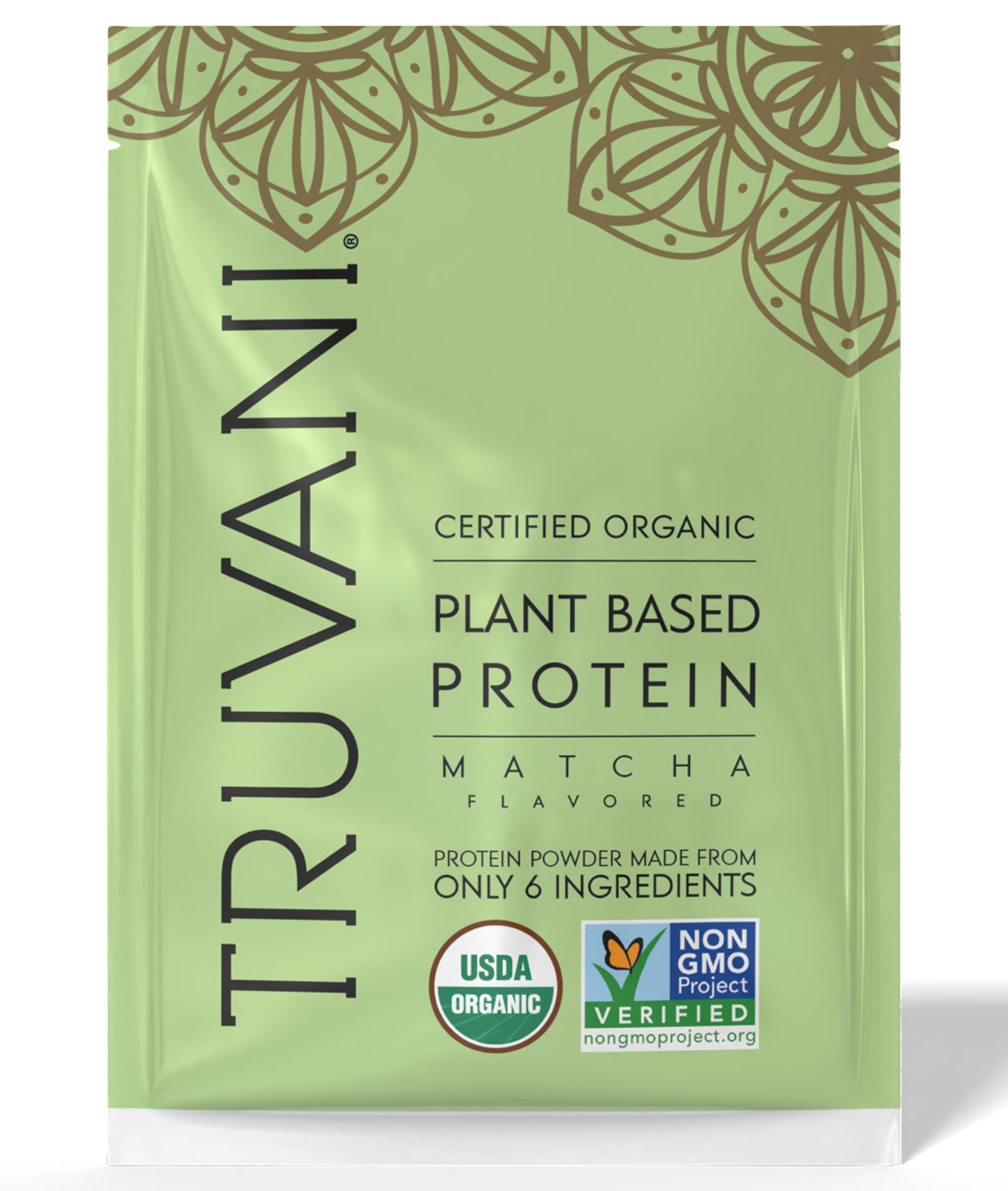 Truvani Matcha pea protein powder tub close-up highlighting organic ingredients for clean shakes