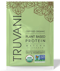 Truvani Matcha pea protein powder tub close-up highlighting organic ingredients for clean shakes