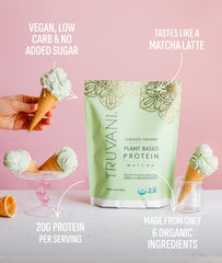 Truvani Matcha pea protein tub with spoon showing easy mixing and versatility
