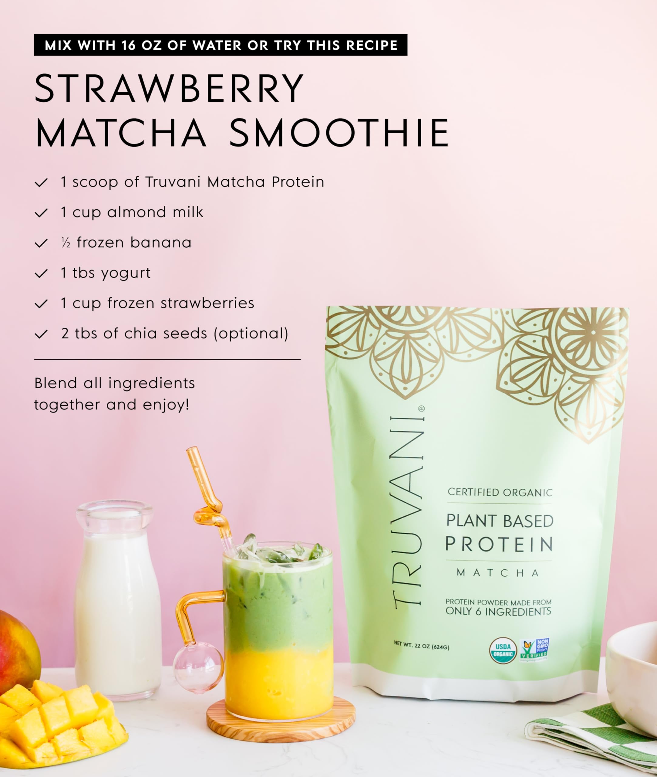Truvani shake in glass showcasing smooth texture and Matcha flavor