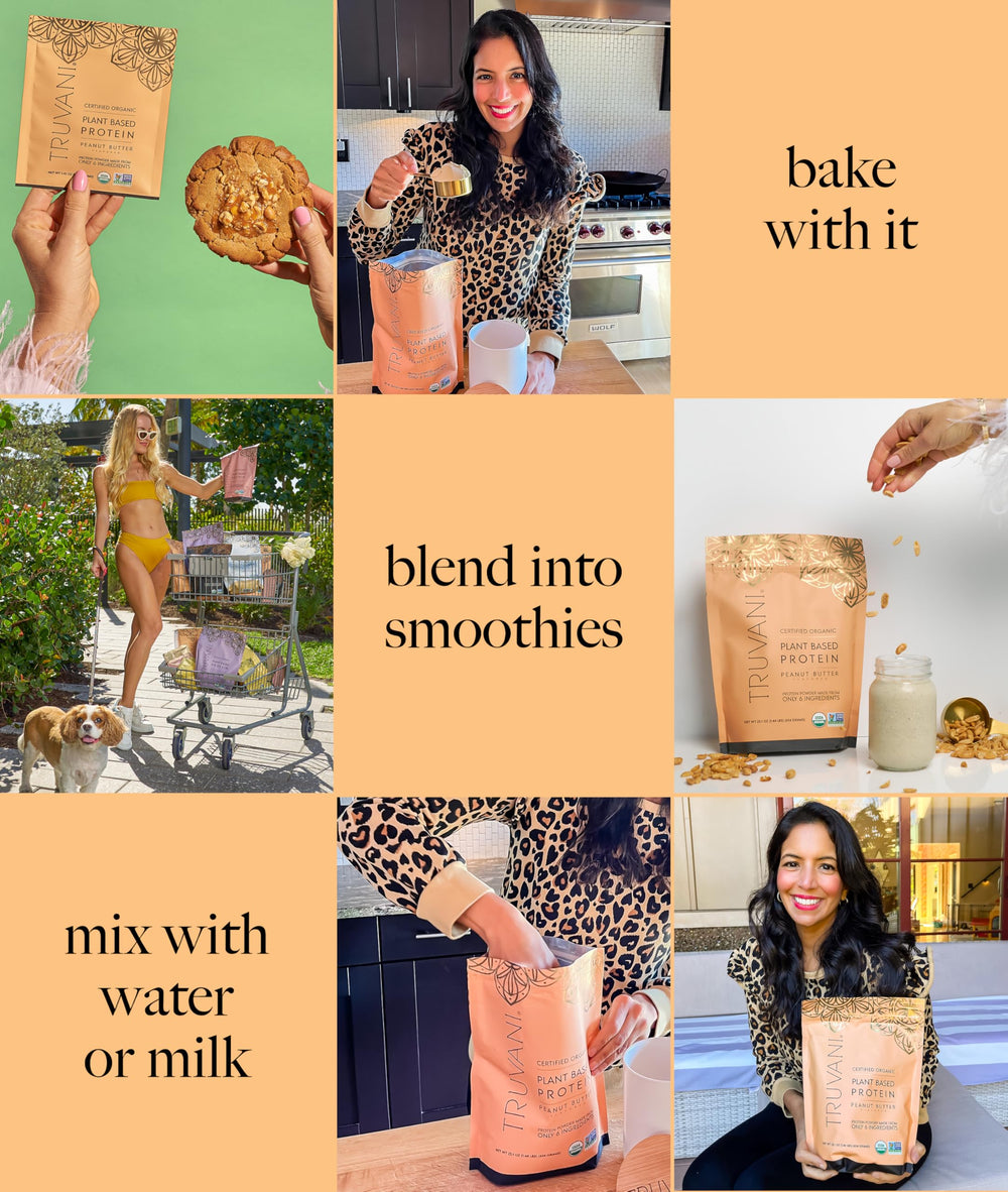 Truvani display of organic peas, pumpkin seeds, and chia as wholesome ingredients.