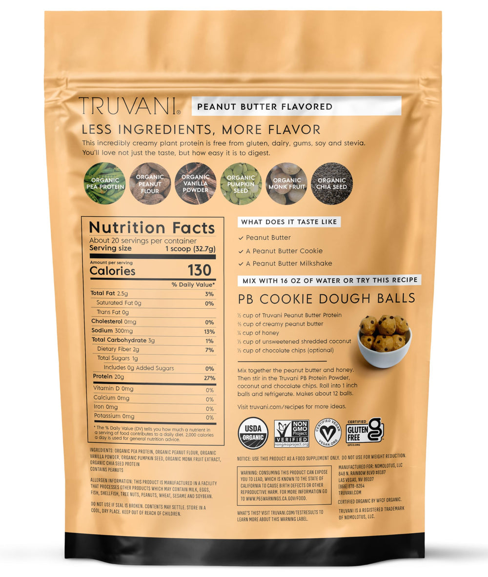 Truvani organic pea protein container emphasizing pure plant protein.