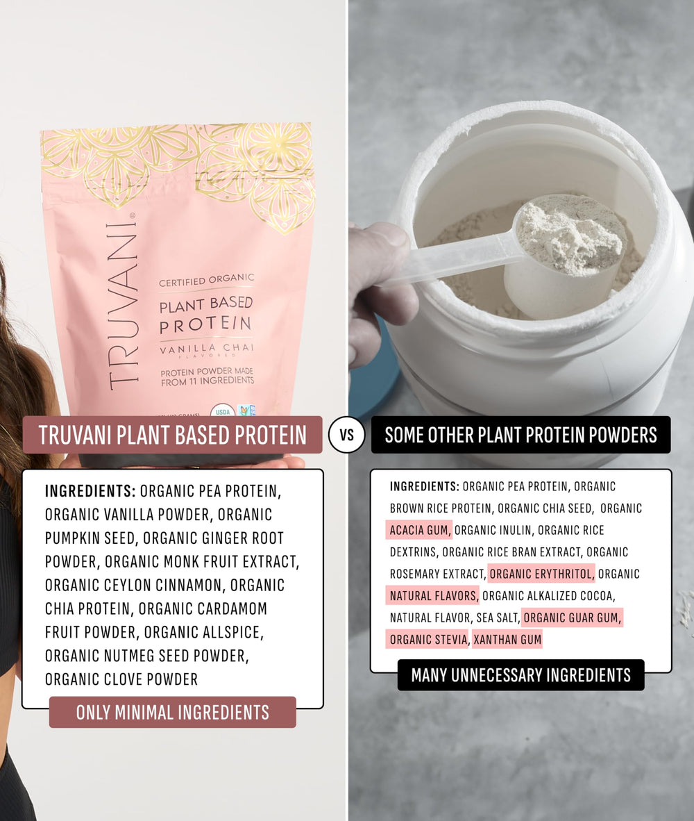 USDA Organic label on Truvani Vanilla Chai protein powder emphasizing non-GMO