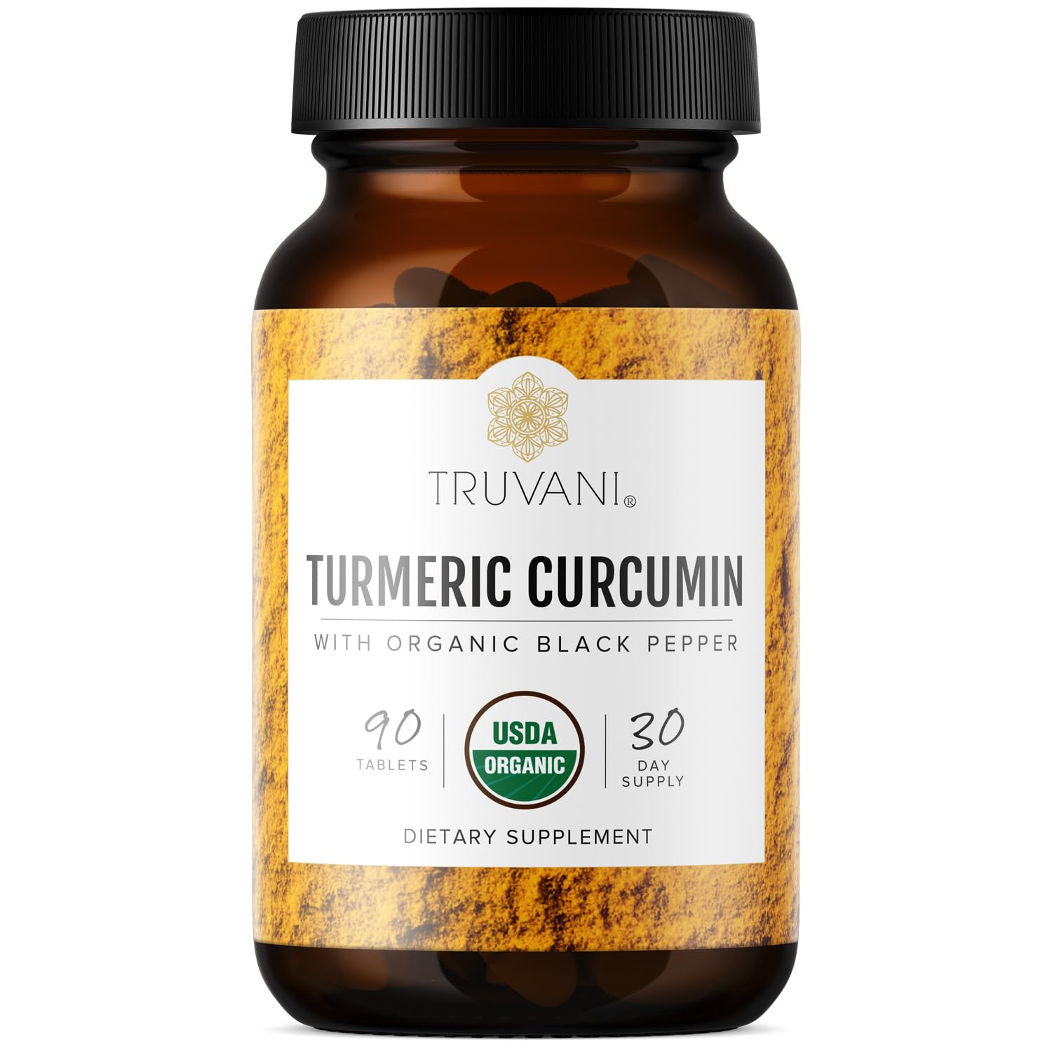 Truvani Organic Turmeric Curcumin bottle highlighting 1350 mg formula for joint support.