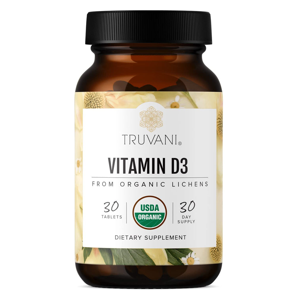 Truvani Organic Vitamin D3 tablets close-up for bone support from vegan formula.