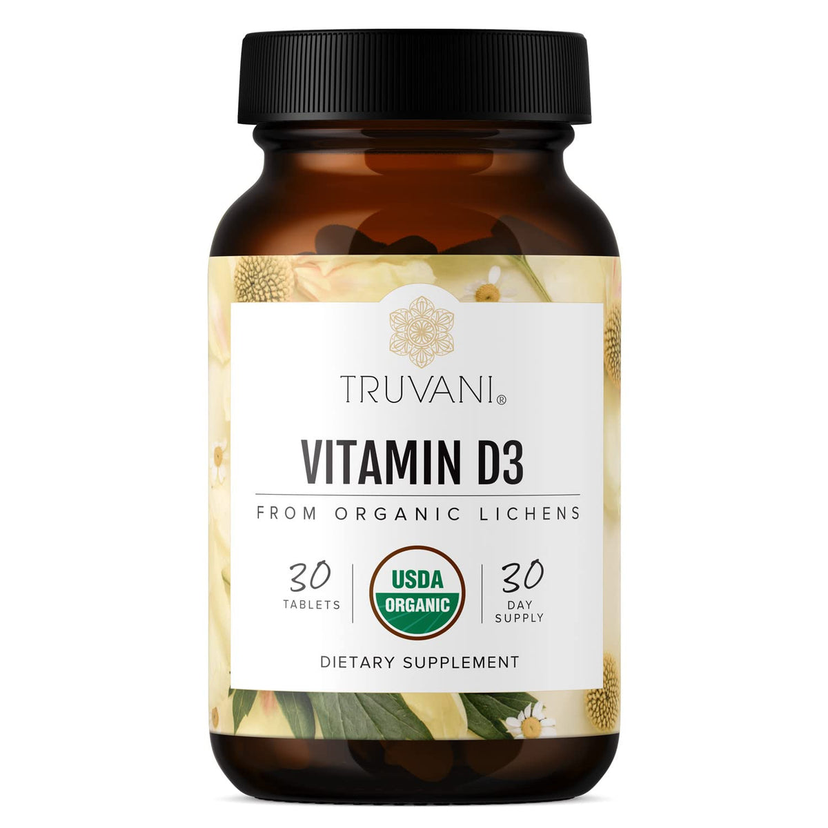 Truvani Organic Vitamin D3 tablets close-up for bone support from vegan formula.