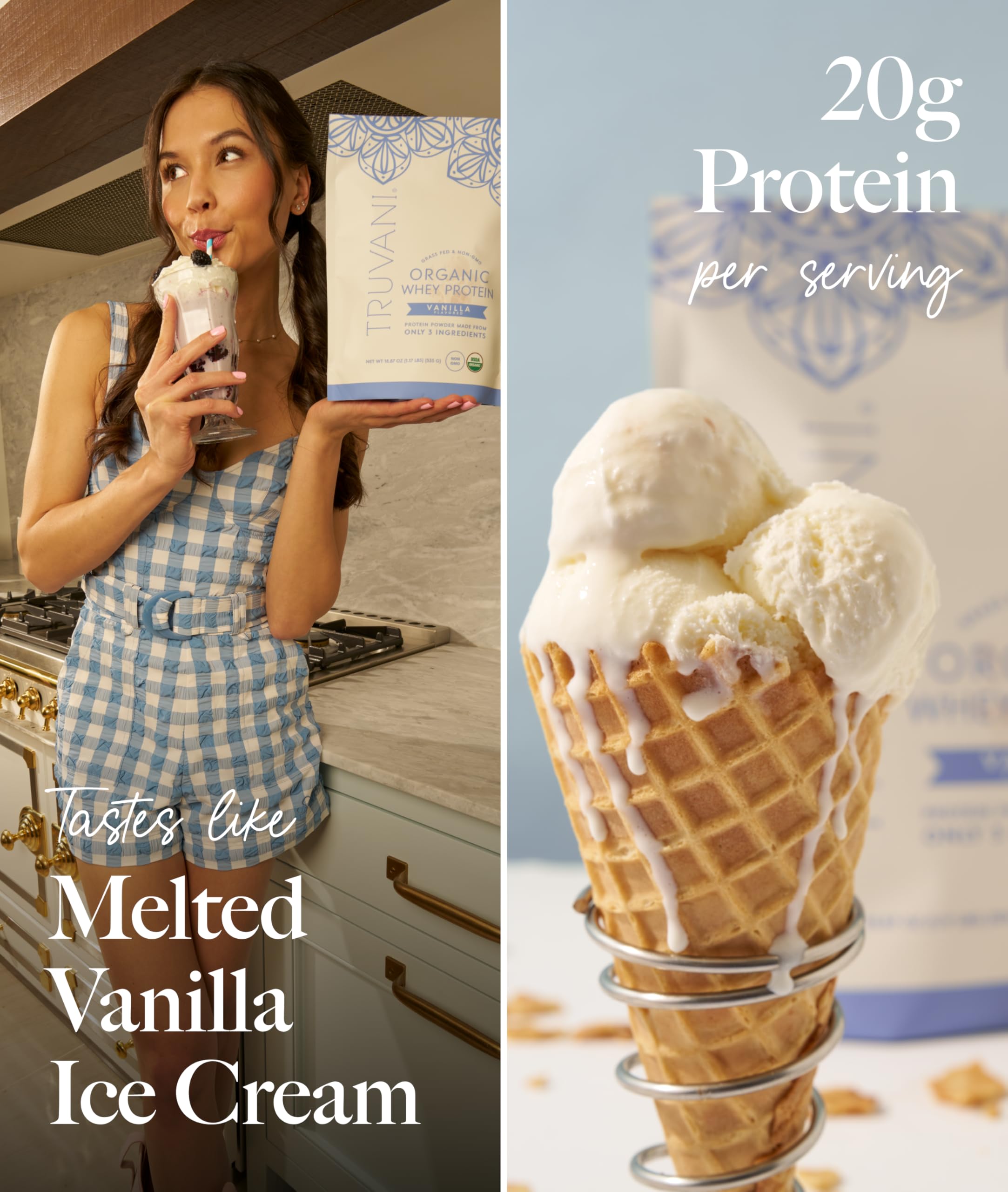 Truvani Organic Whey label emphasizes non-GMO and grass-fed quality.