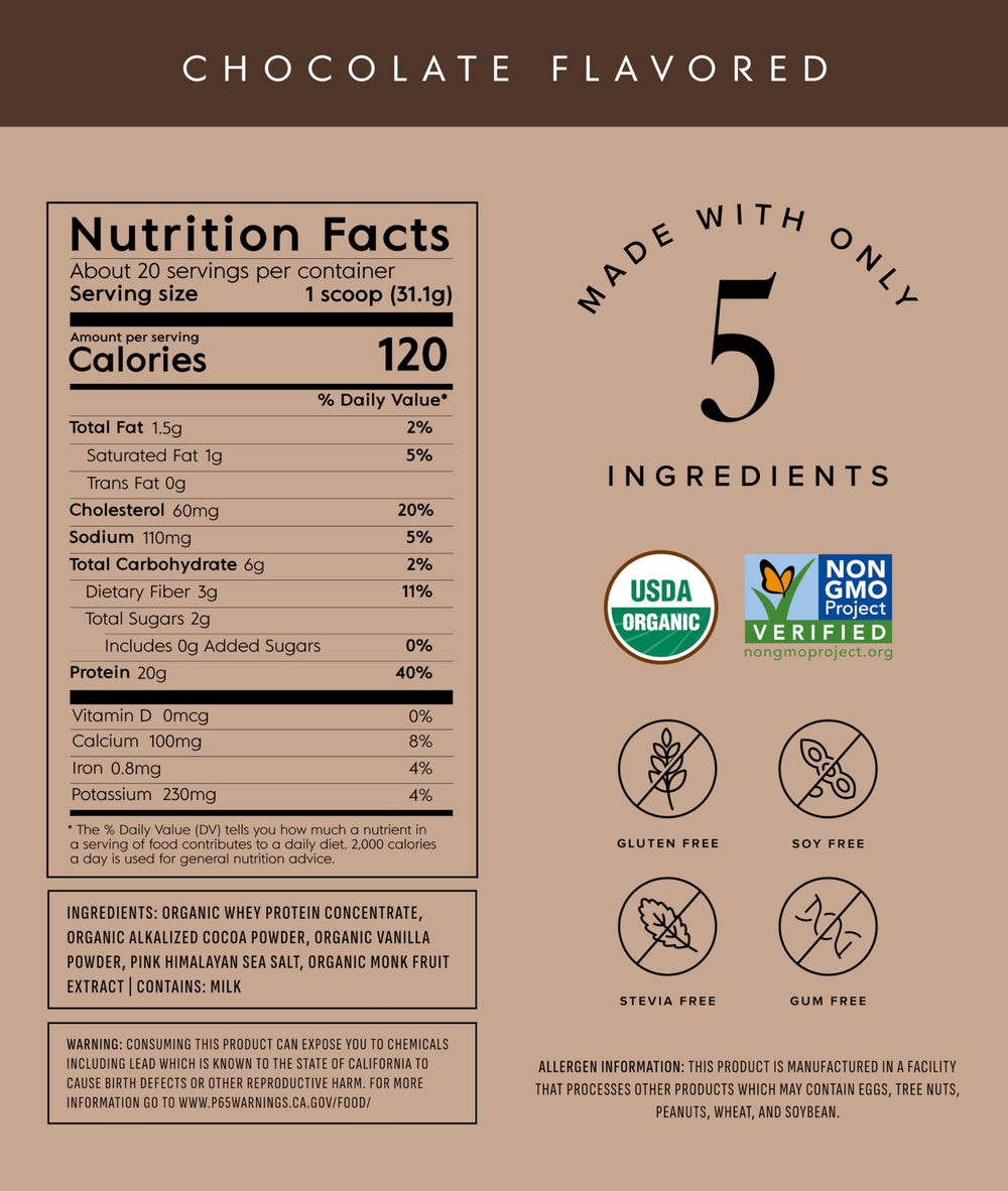 Truvani Organic Whey Protein Powder chocolate shake in glass for quick boost