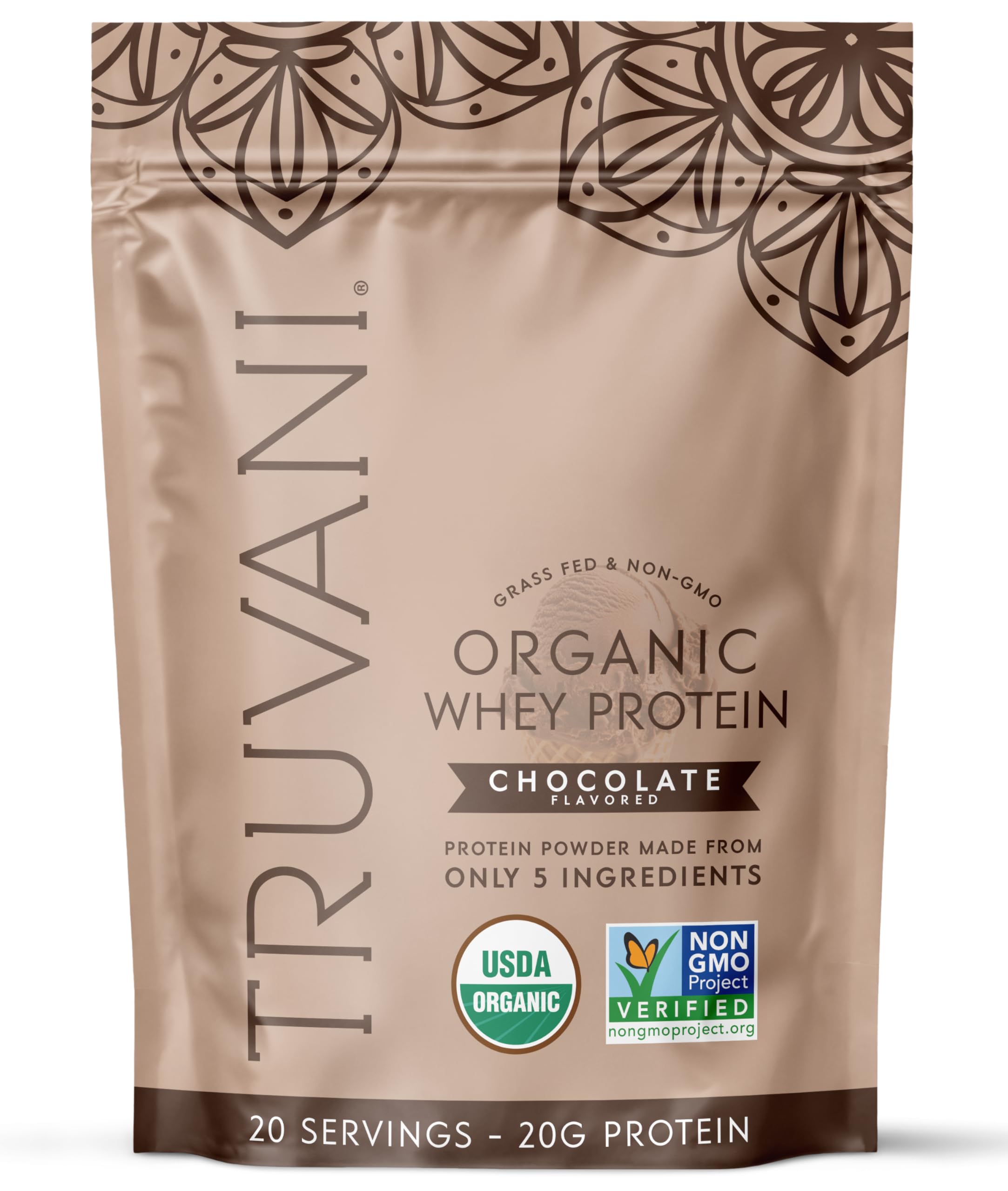 Truvani Organic Whey Protein Powder Chocolate tub for post-workout recovery