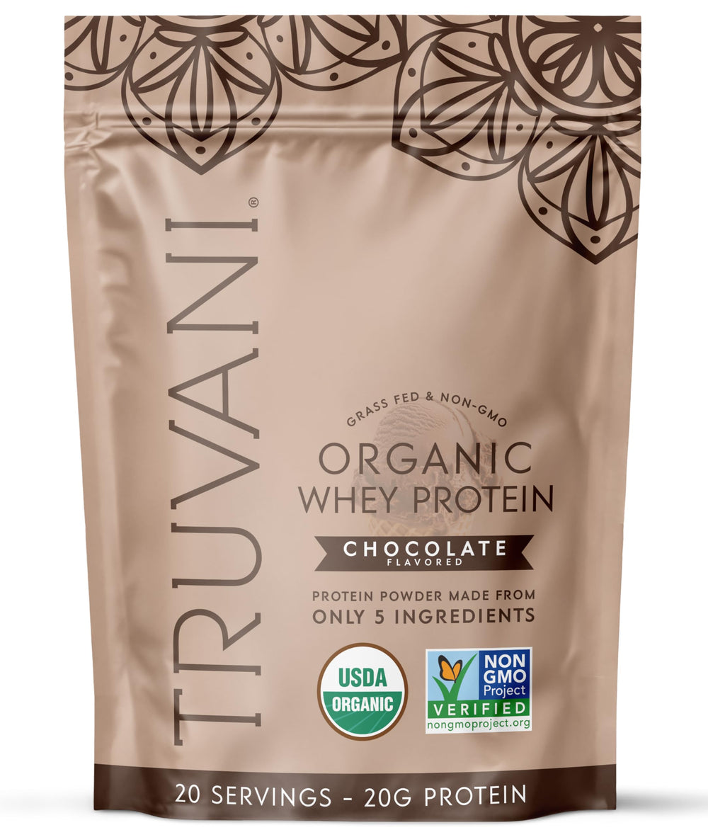 Truvani Organic Whey Protein Powder Chocolate tub for post-workout recovery