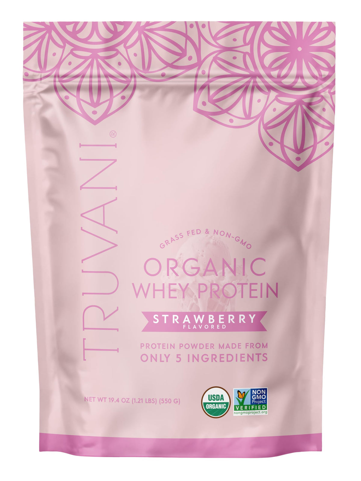 Truvani Organic Whey Protein Strawberry powder for smooth shakes and clean nutrition.