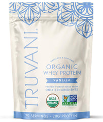 Truvani Organic Whey Protein Vanilla bottle highlights clean organic sourcing for daily nourishment.